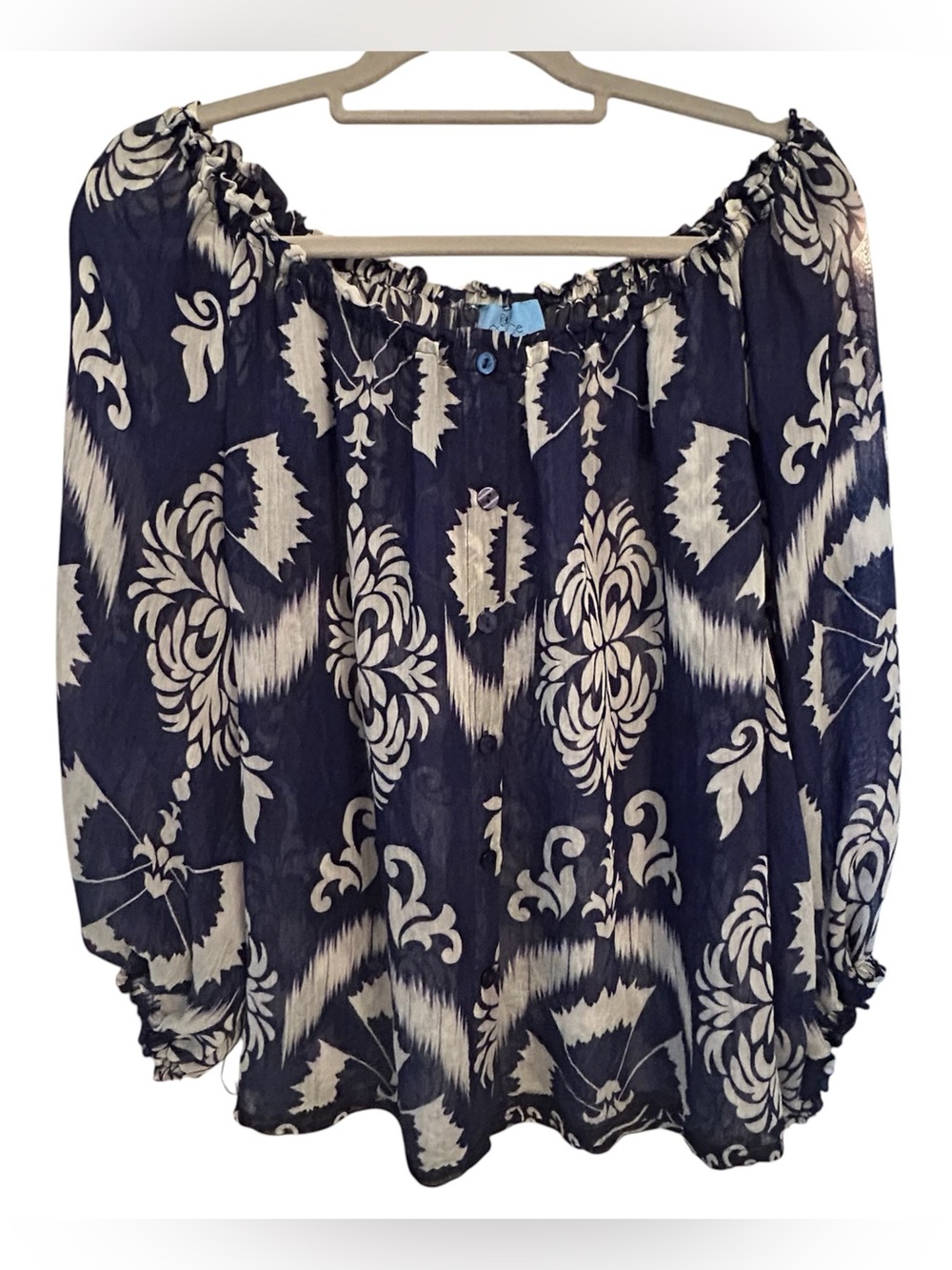 CeCe Navy and White Ikat Button Front Sheer Blouse Size XL